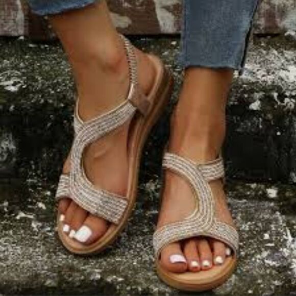 BRAND NEW ASHLEY BLUE  RHINESTONES EMBROIDERY ELASTIC BAND FISH MOUNT SANDAL - Picture 1 of 12